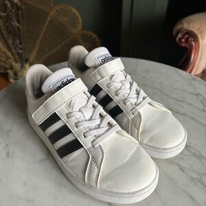 Adidas Youth Size 2 White Sneakers with Black Stripes